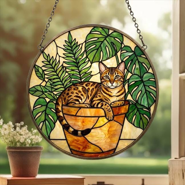 Custom Egyptian Mau cat Stained Glass Window Hanging for Plant Lovers, Cozy Sunlit Home and Garden Decor, gift for cat lover
