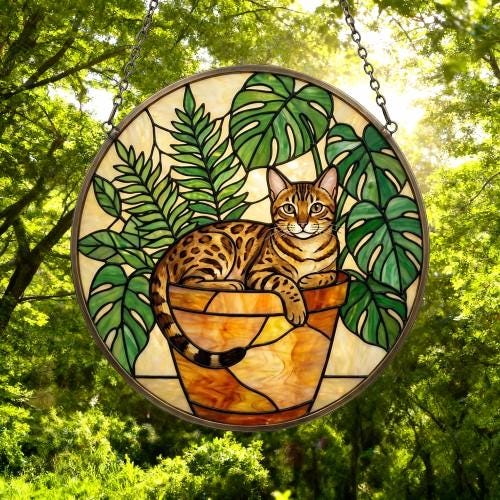 Custom Egyptian Mau cat Stained Glass Window Hanging for Plant Lovers, Cozy Sunlit Home and Garden Decor, gift for cat lover - image 4