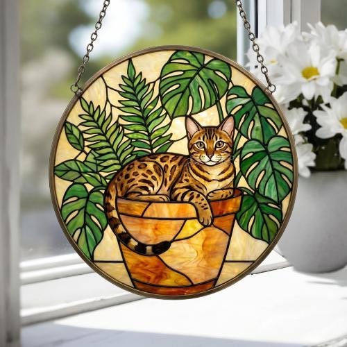 Custom Egyptian Mau cat Stained Glass Window Hanging for Plant Lovers, Cozy Sunlit Home and Garden Decor, gift for cat lover - image 3