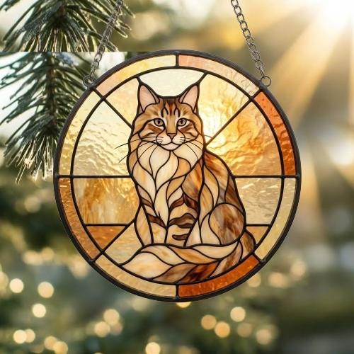 Custom Handmade Stained Glass Cat Suncatcher, Sunset Maine Coon Cat Window Hanging, Round Cat Glass Window Decor, Gift for Cat Lovers - image 2