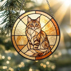 Custom Handmade Stained Glass Cat Suncatcher, Sunset Maine Coon Cat Window Hanging, Round Cat Glass Window Decor, Gift for Cat Lovers - image 2