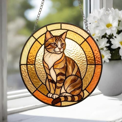 Custom Handmade Stained Glass Cat Suncatcher, Sunset Domestic Shorthair Cat Window Hanging, Round Cat Glass Window Decor,Gift for Cat Lovers - image 3