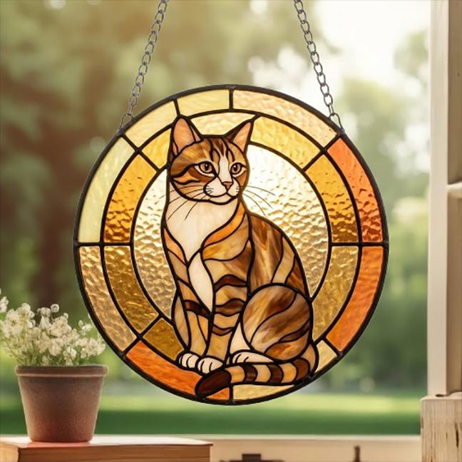 Custom Handmade Stained Glass Cat Suncatcher, Sunset Domestic Shorthair Cat Window Hanging, Round Cat Glass Window Decor,Gift for Cat Lovers