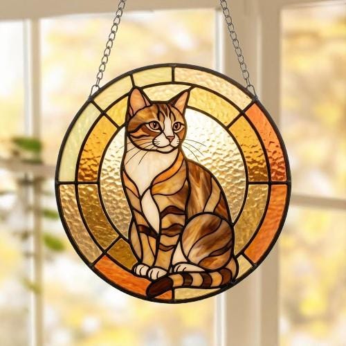Custom Handmade Stained Glass Cat Suncatcher, Sunset Domestic Shorthair Cat Window Hanging, Round Cat Glass Window Decor,Gift for Cat Lovers - image 5