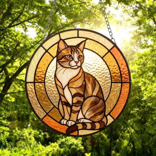 Custom Handmade Stained Glass Cat Suncatcher, Sunset Domestic Shorthair Cat Window Hanging, Round Cat Glass Window Decor,Gift for Cat Lovers - image 4
