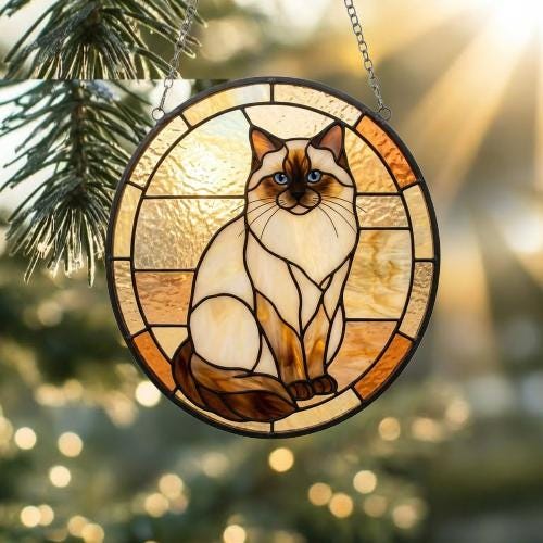 Custom Handmade Stained Glass Cat Suncatcher, Sunset Ragdoll  Cat Window Hanging, Round Cat Glass Window Decor, Gift for Cat Lovers - image 2
