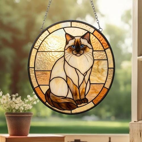 Custom Handmade Stained Glass Cat Suncatcher, Sunset Ragdoll  Cat Window Hanging, Round Cat Glass Window Decor, Gift for Cat Lovers - image 3