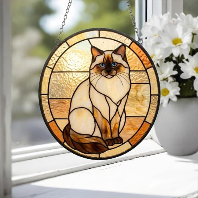 Custom Handmade Stained Glass Cat Suncatcher, Sunset Ragdoll  Cat Window Hanging, Round Cat Glass Window Decor, Gift for Cat Lovers
