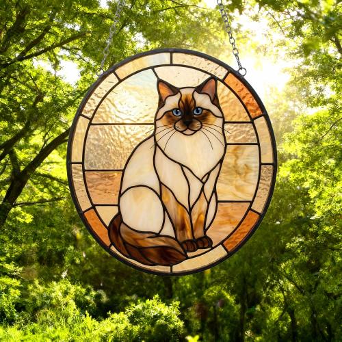 Custom Handmade Stained Glass Cat Suncatcher, Sunset Ragdoll  Cat Window Hanging, Round Cat Glass Window Decor, Gift for Cat Lovers - image 4