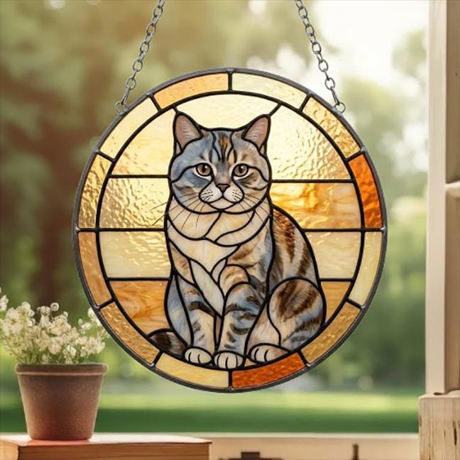 Custom Handmade Stained Glass Cat Suncatcher, Sunset British Shorthair Cat Window Hanging, Round Cat Glass Window Decor, Gift for Cat Lovers