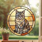 Custom Handmade Stained Glass Cat Suncatcher, Sunset British Shorthair Cat Window Hanging, Round Cat Glass Window Decor, Gift for Cat Lovers