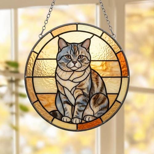 Custom Handmade Stained Glass Cat Suncatcher, Sunset British Shorthair Cat Window Hanging, Round Cat Glass Window Decor, Gift for Cat Lovers - image 5