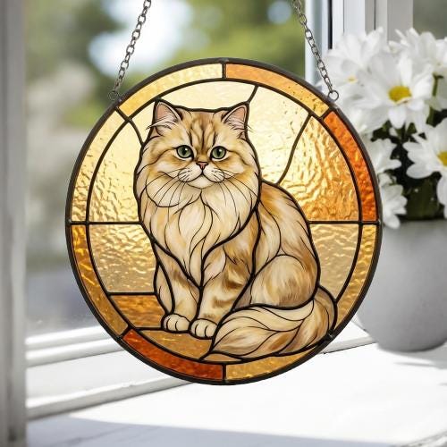 Custom Handmade Stained Glass Cat Suncatcher, Sunset Persian  Cat Window Hanging, Round Cat Glass Window Decor, Gift for Cat Lovers - image 3