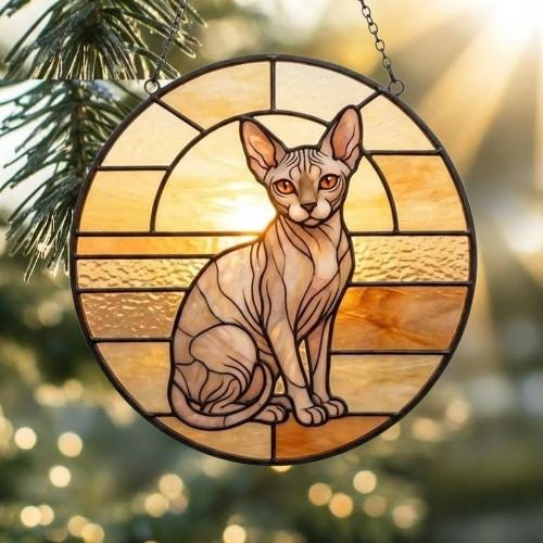 Custom Handmade Stained Glass Cat Suncatcher, Sunset Sphynx Cat Window Hanging, Round Cat Glass Window Decor, Gift for Cat Lovers - image 2