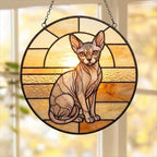 Custom Handmade Stained Glass Cat Suncatcher, Sunset Sphynx Cat Window Hanging, Round Cat Glass Window Decor, Gift for Cat Lovers