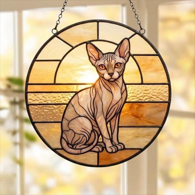 Custom Handmade Stained Glass Cat Suncatcher, Sunset Sphynx Cat Window Hanging, Round Cat Glass Window Decor, Gift for Cat Lovers