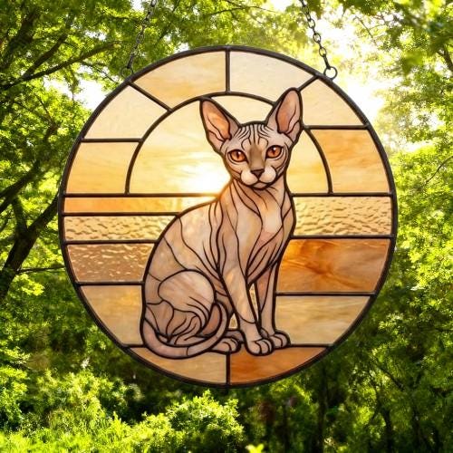 Custom Handmade Stained Glass Cat Suncatcher, Sunset Sphynx Cat Window Hanging, Round Cat Glass Window Decor, Gift for Cat Lovers - image 5