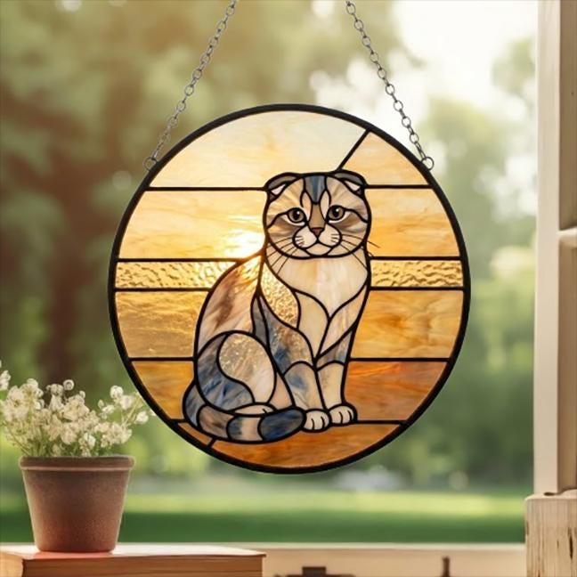 Custom Handmade Stained Glass Cat Suncatcher, Sunset Scottish Fold Cat Window Hanging, Round Cat Glass Window Decor, Gift for Cat Lovers