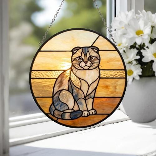 Custom Handmade Stained Glass Cat Suncatcher, Sunset Scottish Fold Cat Window Hanging, Round Cat Glass Window Decor, Gift for Cat Lovers - image 3