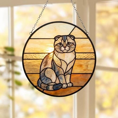Custom Handmade Stained Glass Cat Suncatcher, Sunset Scottish Fold Cat Window Hanging, Round Cat Glass Window Decor, Gift for Cat Lovers - image 5