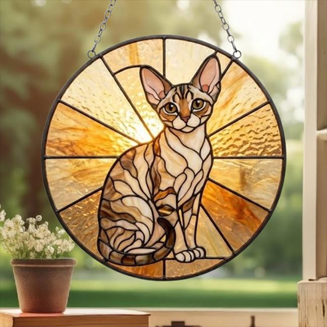Custom Handmade Stained Glass Cat Suncatcher, Sunset Devon Rex Cat Window Hanging, Round Cat Glass Window Decor, Gift for Cat Lovers