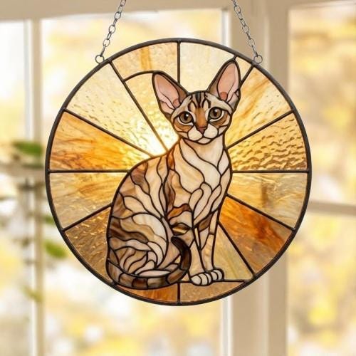 Custom Handmade Stained Glass Cat Suncatcher, Sunset Devon Rex Cat Window Hanging, Round Cat Glass Window Decor, Gift for Cat Lovers - image 5