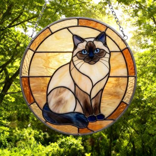 Custom Handmade Stained Glass Cat Suncatcher, Sunset Himalayan  Cat Window Hanging, Round Cat Glass Window Decor, Gift for Cat Lovers - image 5