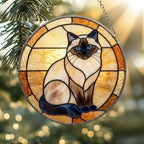 Custom Handmade Stained Glass Cat Suncatcher, Sunset Himalayan  Cat Window Hanging, Round Cat Glass Window Decor, Gift for Cat Lovers - image 2