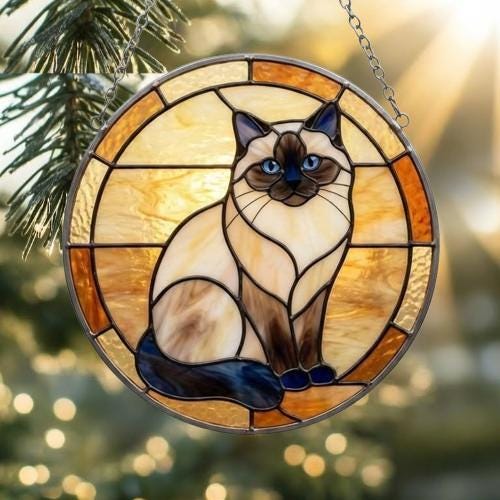 Custom Handmade Stained Glass Cat Suncatcher, Sunset Himalayan  Cat Window Hanging, Round Cat Glass Window Decor, Gift for Cat Lovers - image 2