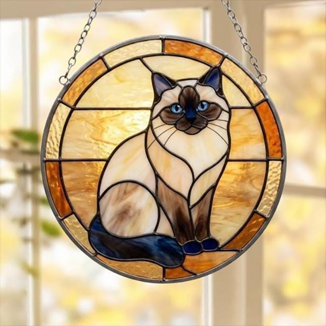 Custom Handmade Stained Glass Cat Suncatcher, Sunset Himalayan  Cat Window Hanging, Round Cat Glass Window Decor, Gift for Cat Lovers