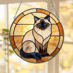 Custom Handmade Stained Glass Cat Suncatcher, Sunset Himalayan  Cat Window Hanging, Round Cat Glass Window Decor, Gift for Cat Lovers