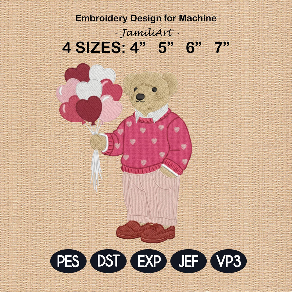 Valentine’s Day Bear Embroidery Design, Bear with Heart Balloons, Cute Love Bear Machine Embroidery File, Romantic Design, Anniversary Gifts