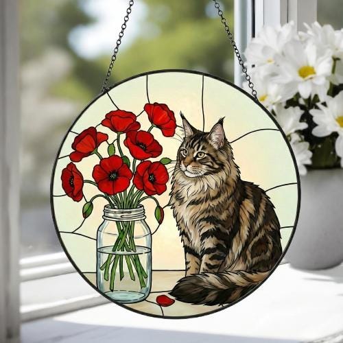 Custom Maine Coon Cat & Red Poppies Glass Suncatcher:  Gift for Cat Lovers - image 3