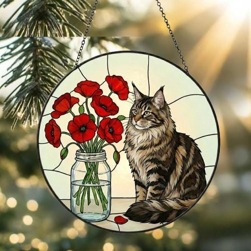 Custom Maine Coon Cat & Red Poppies Glass Suncatcher:  Gift for Cat Lovers - image 2