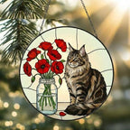 Custom Maine Coon Cat & Red Poppies Glass Suncatcher:  Gift for Cat Lovers - image 2