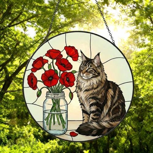 Custom Maine Coon Cat & Red Poppies Glass Suncatcher:  Gift for Cat Lovers - image 4