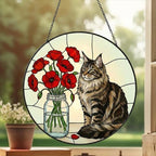 Custom Maine Coon Cat & Red Poppies Glass Suncatcher:  Gift for Cat Lovers