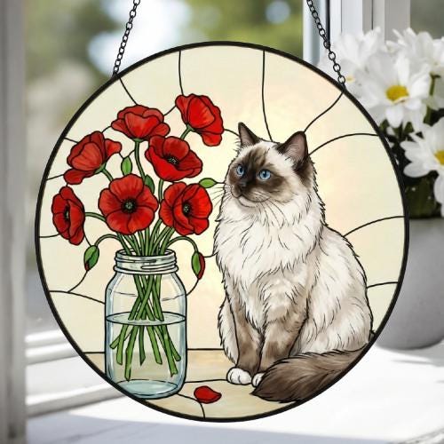 Custom Ragdoll  Cat & Red Poppies Glass Suncatcher:  Gift for Cat Lovers - image 2
