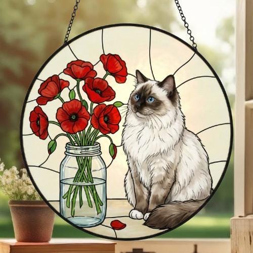 Custom Ragdoll  Cat & Red Poppies Glass Suncatcher:  Gift for Cat Lovers - image 3