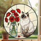 Custom Ragdoll  Cat & Red Poppies Glass Suncatcher:  Gift for Cat Lovers - image 3