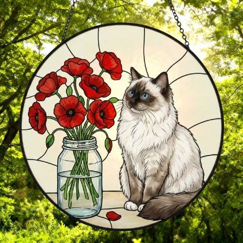 Custom Ragdoll  Cat & Red Poppies Glass Suncatcher:  Gift for Cat Lovers - image 5