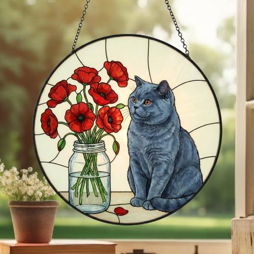 Custom British Shorthair Cat & Red Poppies Glass Suncatcher:  Gift for Cat Lovers - image 3