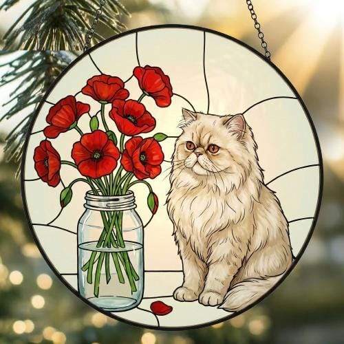 Custom Persian Cat & Red Poppies Glass Suncatcher:  Gift for Cat Lovers - image 2