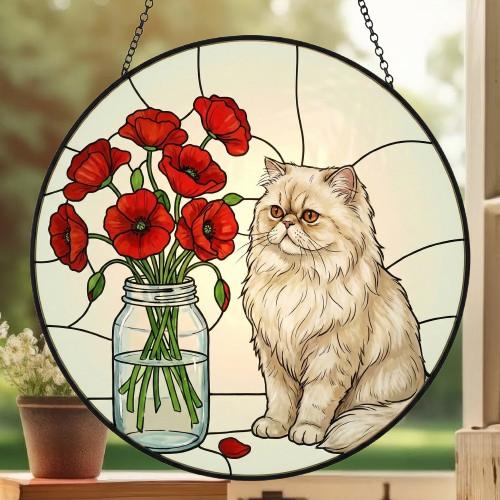 Custom Persian Cat & Red Poppies Glass Suncatcher:  Gift for Cat Lovers - image 3