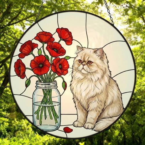 Custom Persian Cat & Red Poppies Glass Suncatcher:  Gift for Cat Lovers - image 5