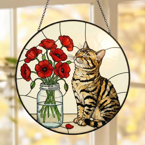 Custom Bengal Cat & Red Poppies Glass Suncatcher:  Gift for Cat Lovers - image 5