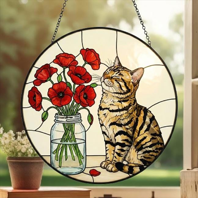 Custom Bengal Cat & Red Poppies Glass Suncatcher:  Gift for Cat Lovers