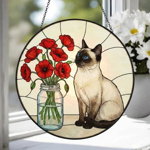 Custom Siamese Cat & Red Poppies Glass Suncatcher:  Gift for Cat Lovers - image 4