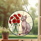 Custom Sphynx Cat & Red Poppies Glass Suncatcher:  Gift for Cat Lovers