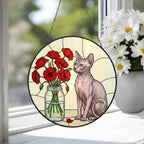 Custom Sphynx Cat & Red Poppies Glass Suncatcher:  Gift for Cat Lovers - image 3